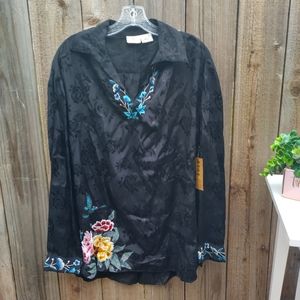 LA BLEND Women's Embroidered Blouse Size Xlarge Color Black